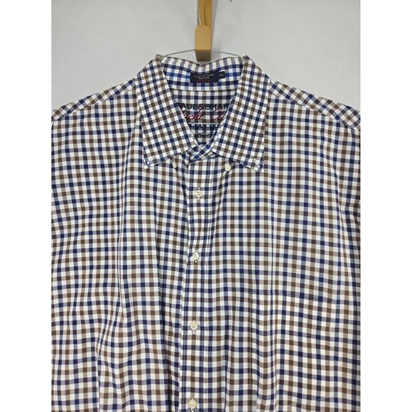 Paul & Shark Yacht Club Ocean Team Blue Brown White Checked Button Down 3X - Picture 2 of 9